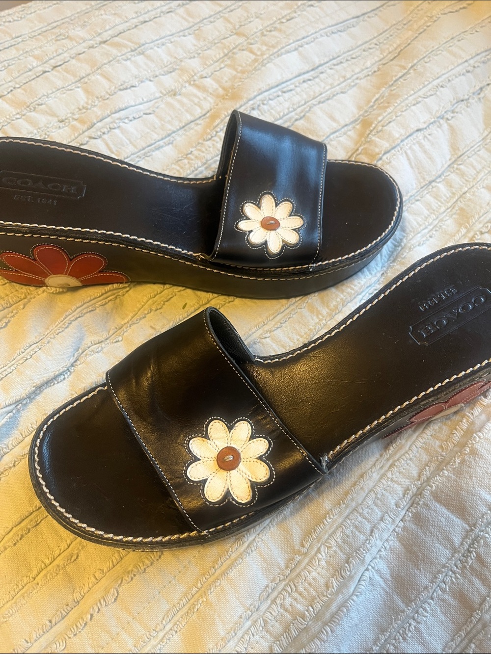 Vintage Coach black flower wedges sandles mules Y2K
